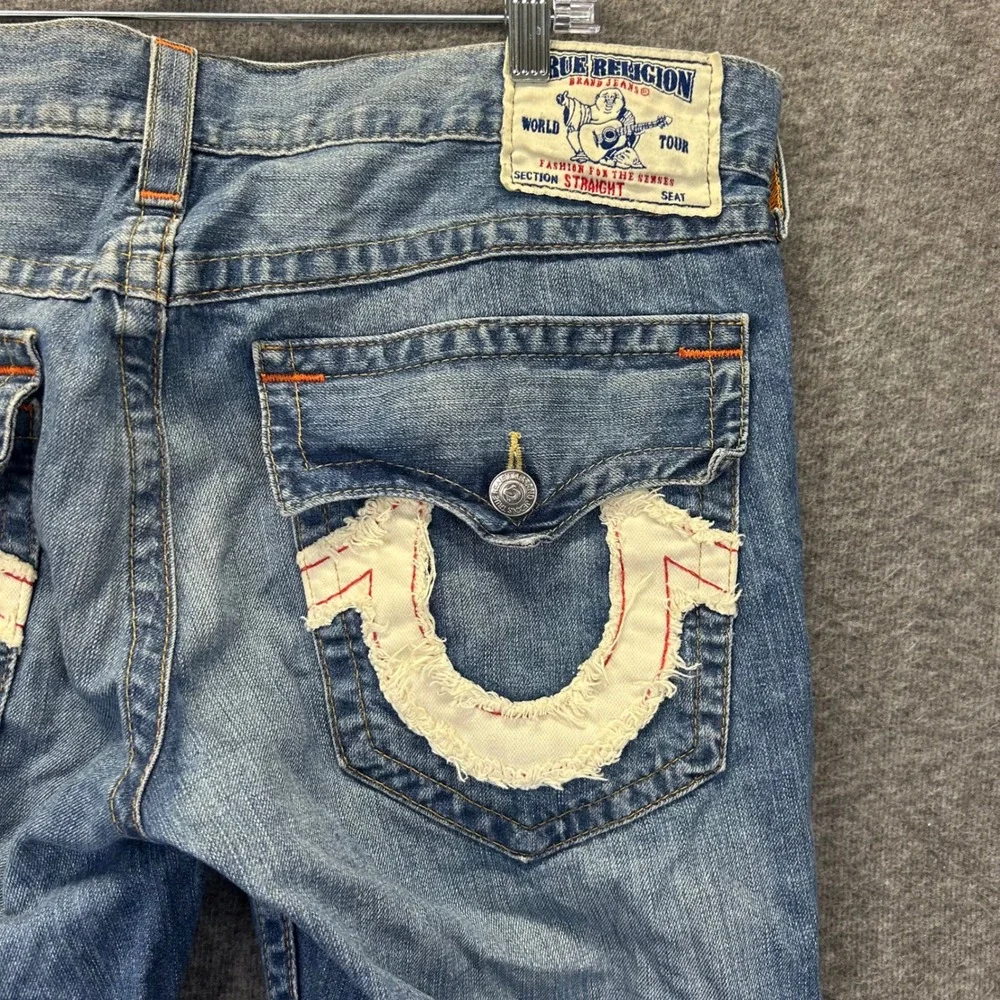 True Religion Straight Mens Jeans 38 Medium Wash Frayed Horseshoe Logo USA